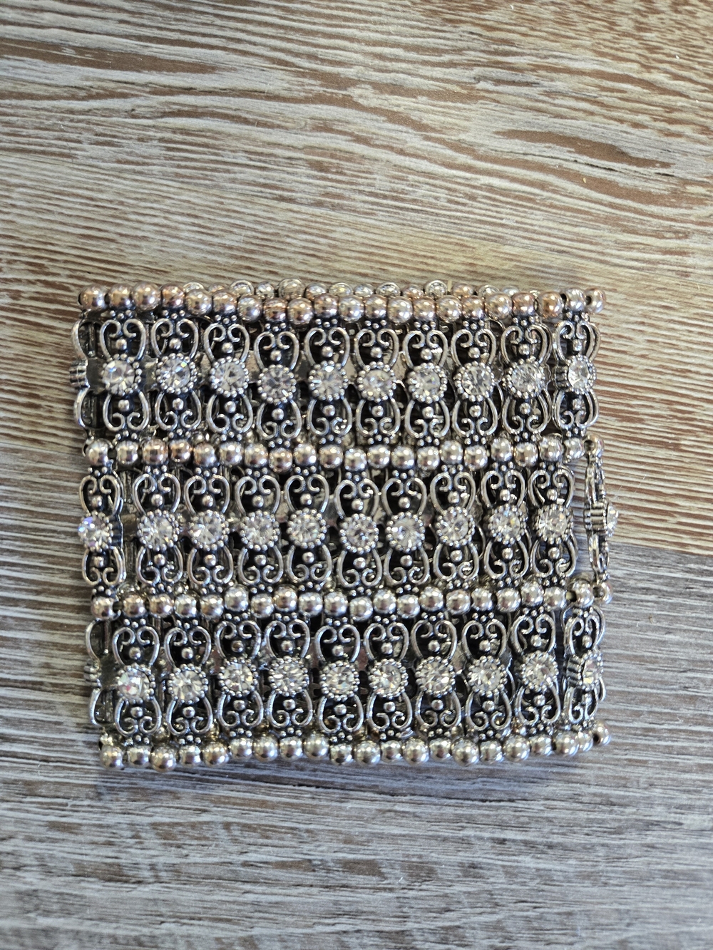 Silver-Tone Filigree Multi-Row Bracelet with Crystal Accents